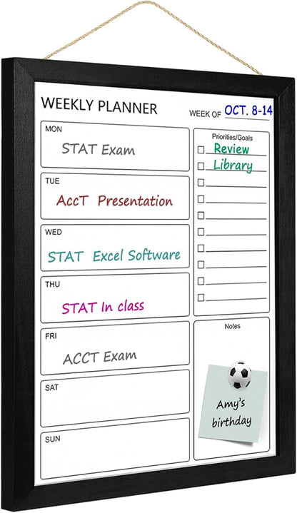 Dry Erase White Board Weekly Calendar Board, Magnetic Whiteboard for Wall,13“x17 Solid Wood Black Framed Message Board, Planner Board for Office, Home, School（Weekly-BB-BK-3343