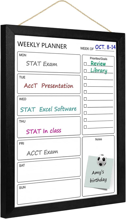 Dry Erase White Board Weekly Calendar Board, Magnetic Whiteboard for Wall,13“x17 Solid Wood Black Framed Message Board, Planner Board for Office, Home, School（Weekly-BB-BK-3343