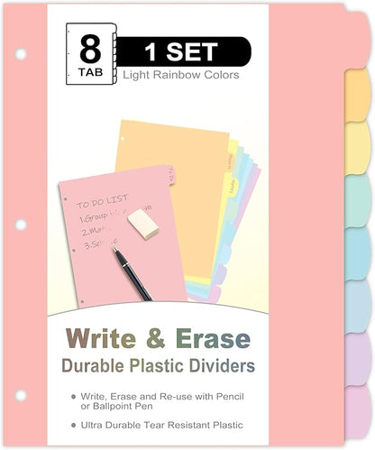 8 Count/1 Set Write & Erase Binder Dividers with Tabs, Durable Plastic 8 Tab Dividers for 3 Ring Binder Letter Size, Separators for Student School Home Office Document Organizer, Pastel