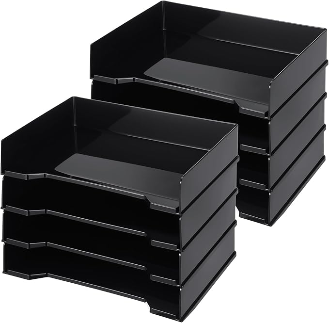 8 Pcs Stackable Letter Tray Rectangular Plastic Desk Organizer 13 x 9.5 x 2.6 in Paper Holder File Tray Accessories Rack for Desktop Office Desk Drawers (Black)