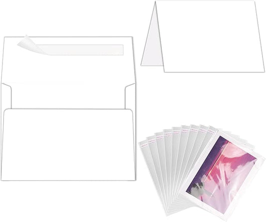 Blank White Cards and Envelopes with Clear Cello Bags, Goefun 100 Pack 5 x 7 Folded Cardstock and A7 Envelopes Self Seal for Invitations, Wedding, Birthday and DIY Greeting Cards
