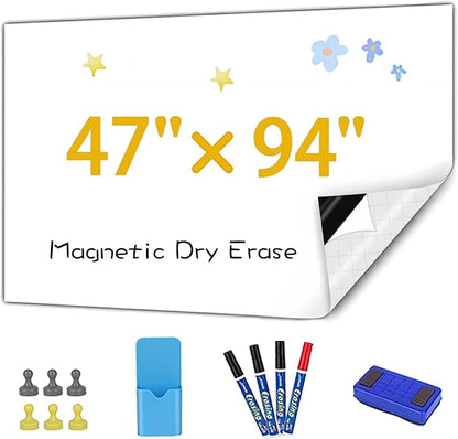 Magnetic Whiteboard Contact Paper, 47" x 94" Stick on Magnetic Dry Erase White Board Sticker on Wall, Easy to Write for Kids Drawing, School, Office, Kitchen Fridge