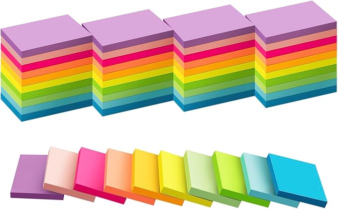 (50 Pads) Sticky Notes 1.5x2, 10 Colors Self Sticky Notes, Sticky Pads, Recyclable, Self-Stick Pads, Easy to Post for Home, Office, Notebook