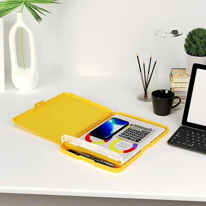 Piasoenc Clipboard with Storage, 8.5 x 11 Organization Box with Pen Holder and A4 Legal Paper Folder, Heavy Duty Plastic, Folio & Side-Opening, Low Profile Clip, for Nurses, Teachers, Yellow