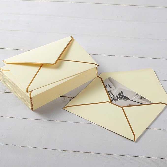 50 Pack A7 Envelopes Cream Color 5 x 7 Self-Adhesive V Flap Envelopes with Gold Border for Office, Greeting Card, Wedding, Graduation, Baby Shower, Parties, Invitations (Cream Color, 5x7)