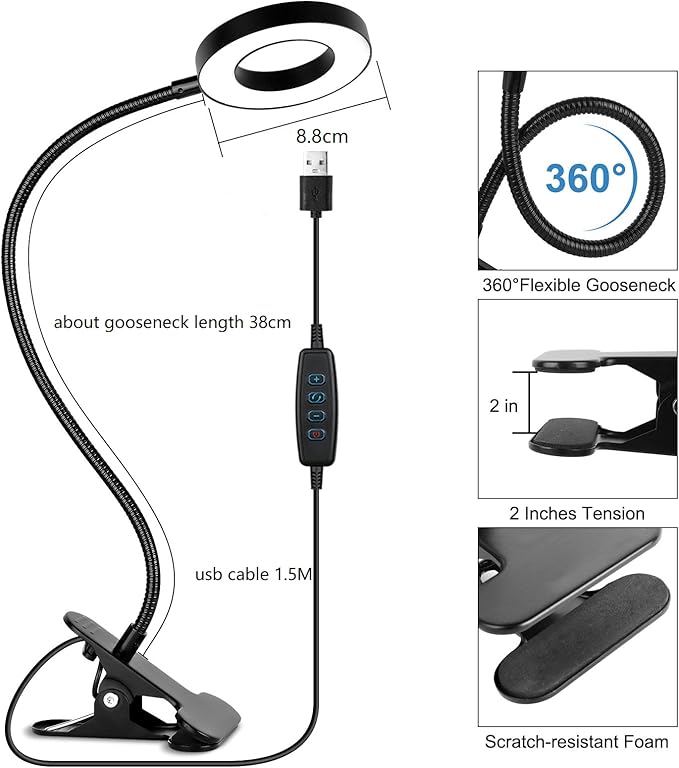 Desk Clip on Lamp for Reading Home Office, with 5V 2A Adapter, 10 Dimmable Brightness 3 Modes, Clamp Reading Light for Bed Headboard, Craft (Black)…