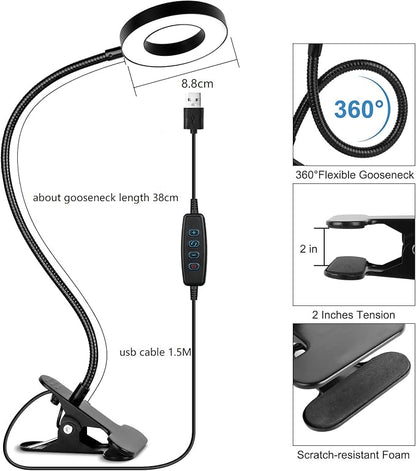 Desk Clip on Lamp for Reading Home Office, with 5V 2A Adapter, 10 Dimmable Brightness 3 Modes, Clamp Reading Light for Bed Headboard, Craft (Black)…