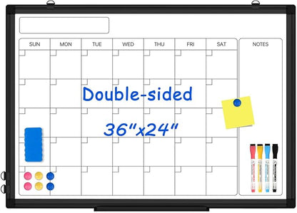 Monthly Calendar Dry Erase Whiteboard, 36" x 24" Magnetic Calendar White Board, Double-Sided Portable Board with Black Aluminium Frame for Office, Kitchen, School, Home