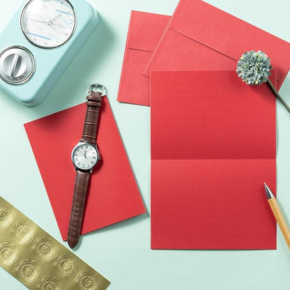 Wishop 50 Pack Shiny Self-Adhesive Envelopes with Shiny Fold Cards for Wedding Invitations, Greeting Cards, Baby Shower, Letter Mailing (Red, 4x6)