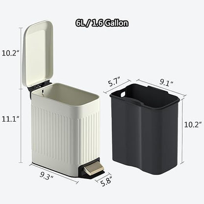Small Bathroom Trash Can with Lid Soft Close-6L/1.6 Gal Slim Step Garbage Can-Metal Pedal Wastebasket-Narrow Rectangle Garbage Container Bin for Corner Office, Bedroom, Toilet, Live Room-Beige