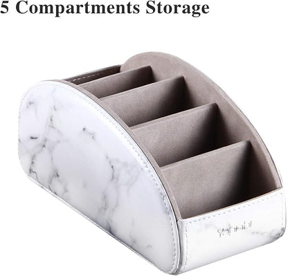 All-in-One Leather White TV Remote Holder with 5 Compartments Nightstand Desktop Media Player Remote Caddy Storage Box Organizer Tray for Mobile Phone Office Stationery