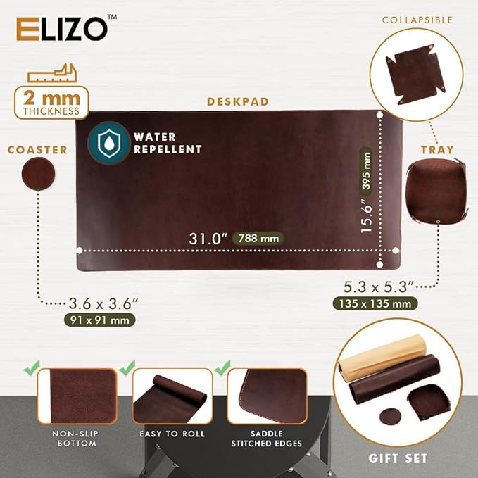 Leather Desk Pad (Real) Leather Desk Mat Set (31x15) Large Desk Cover Desk Blotter Desk Protector Computer Mat for Keyboard Gaming Mouse Pad Table Laptop Office Desktop Accessories Kona 2mm ELIZO