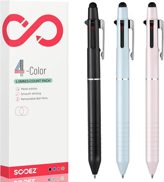 Sooez Multicolor Pen in One, Sleek Metallic 4 Color Ballpoint Pens, Medium Point (1.0mm), Retractable Ball Pen with Stylus Tip, Journaling Planner Pens for Nursing School Office Supplies, 3 Pack