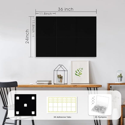 Large Cork Board for Office Wall Decor,36"x24"-6 Pack Felt Wall Tiles with 35 Push Pins, Thicker 0.47in, Felt Bulletin Board Pin Board Cork Boards for Walls - Black