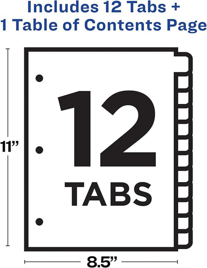 Avery 12 Tab Dividers for 3 Ring Binders, Customizable Table of Contents, Multicolor Tabs, 1 Set (11141)