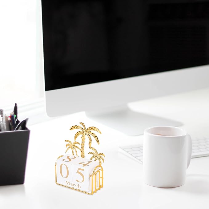 SUPVOX Wooden Block Calendar for Desk Daily Desktop Perpetual Calendar Wood Month Date Display Blocks Farmhouse Desk Accessories for Home Office Decor Reusable Yearly Coconut Tree Design