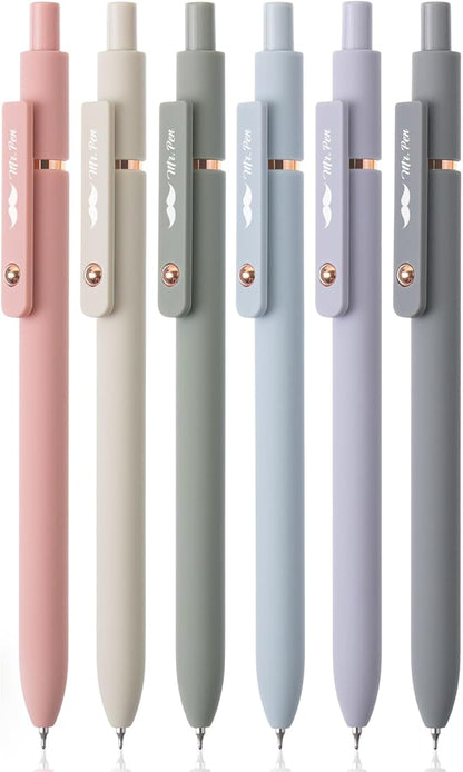 Mr. Pen- Retractable Gel Pens with Rose Gold Ring and Ball, 6 Pack, Morandi Barrels, Japanese Black Gel Pens, Fast Dry, Gel Pens Fine Point 0.5mm, Smooth Writing Aesthetic Pens for Journaling