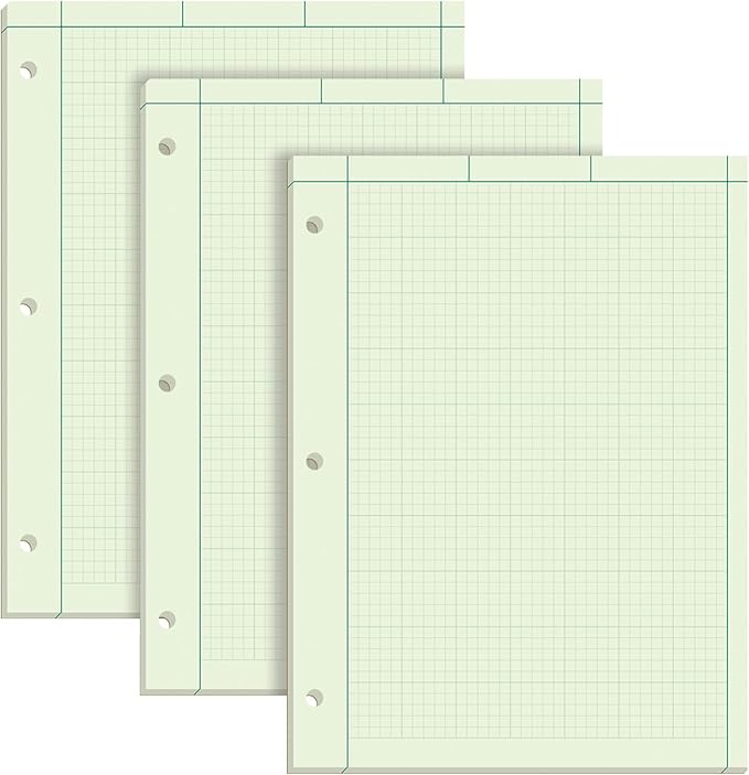 TOPS Engineering Notebooks, Graph Notebooks, 3 Pk Quad Ruled Pad, 8-1/2" x 11", Glue, 5 x 5 Graph Rule on Back, Green Tint Paper, 3-Hole Punched, 100 Sheets per Pad (35507A)