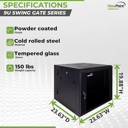 NavePoint 9U Server Cabinet with Hinged Back - 23.6” Deep, 9U Server Rack Enclosure with Locking Glass Door, Wall Mount Rack with Removable Side Panels, 9U Network Cabinet with 2 Fans, Pre-Assembled
