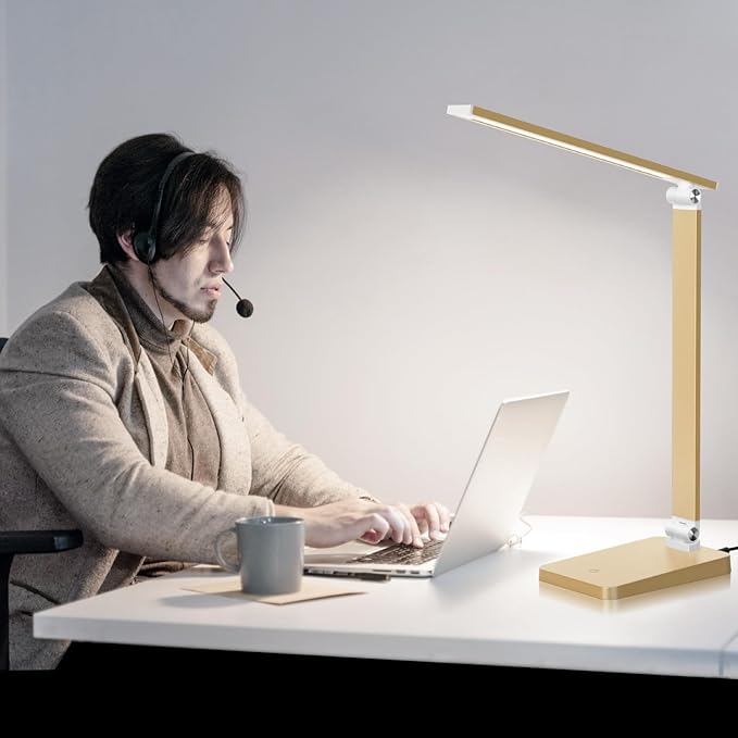 LED Desk Lamp for Home Office, 3 Levels Dimmable Reading Desk Light with USB Charging Port, Desk Accessories Touch Control Table Lamp, Eye-Caring Small Study Lamp for College Dorm Room, Gold, 5000K