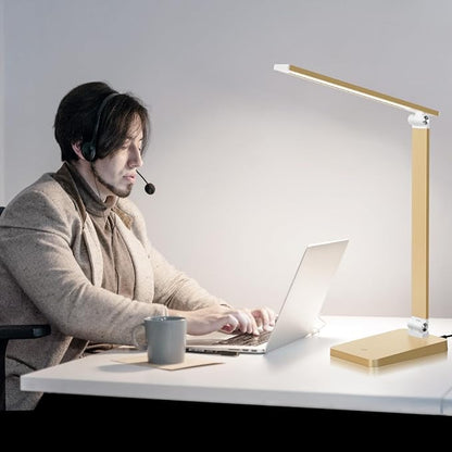 LED Desk Lamp for Home Office, 3 Levels Dimmable Reading Desk Light with USB Charging Port, Desk Accessories Touch Control Table Lamp, Eye-Caring Small Study Lamp for College Dorm Room, Gold, 5000K