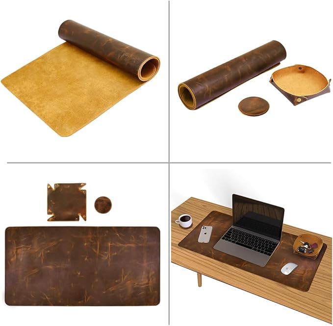 Leather Desk Pad (Real) Leather Desk Mat Set (32x16) Large Desk Cover Desk Blotter Desk Protector Computer Mat for Keyboard Gaming Mouse Pad Table Laptop Office Desktop Accessories Antique 2mm ELIZO