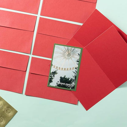 Wishop 50 Pack Shiny Self-Adhesive Envelopes with Shiny Fold Cards for Wedding Invitations, Greeting Cards, Baby Shower, Letter Mailing (Red, 4x6)