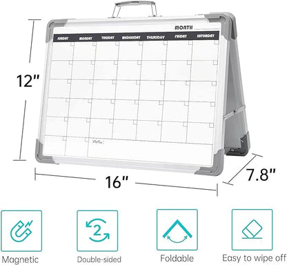 Magnetic Dry Erase Board with Calendar - Small Double Sided Whiteboard on Desktop with Monthly Schedule Planner, Portable Folding White Board on Table Top for Drawing, Teacher Students Classroom