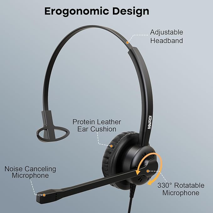 MAIRDI Phone Headset with Noise Canceling Microphone, Call Center Office Headset with RJ9 Jack & 3.5mm Connector for Landline Deskphone Cell Phone PC Laptop, Telephone Headset Work for Polycom
