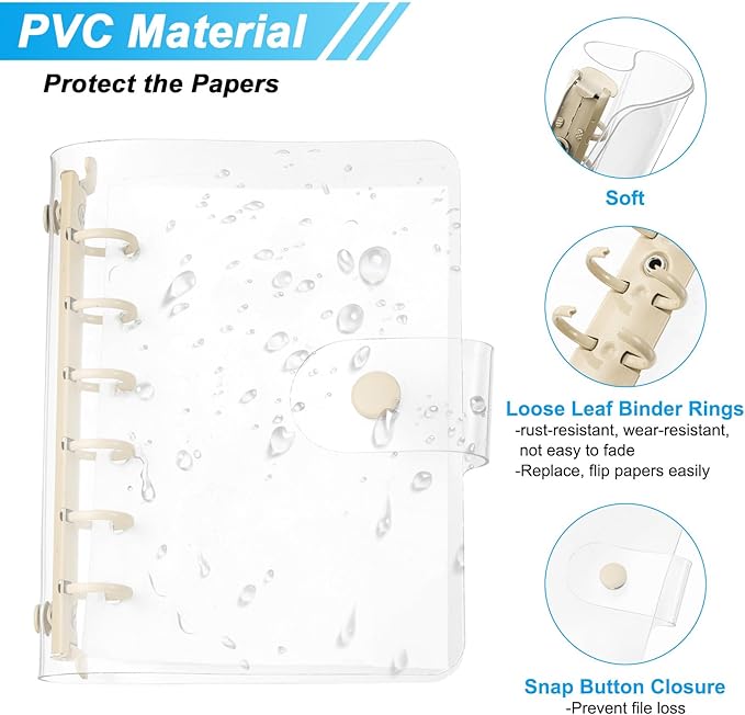PATIKIL A7 Clear Binder Cover, Soft PVC Loose Leaf Binder Protector Refillable Notebook Shell with Snap Button Closure and 6 Rings for DIY Meeting Notebook Folder, Yellow