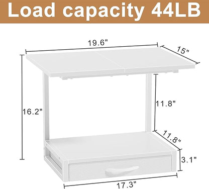 2-Tier Desktop Printer Stand with Fabric Drawer, Prtiner Table with Storage Shelf, Desk Organizer for Home Office,3D Printer,Fax Machine,Scanner, 19.6"x14.9" White