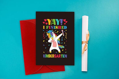 FaCraft Kindergarten Graduation Card, Unicorn Yay I Finished Kindergarten Greeting Cards Class of 2025 Kindergarten Graduation Gift Cards with Envelope for Kids Boy Girl Kindergarten Graduates