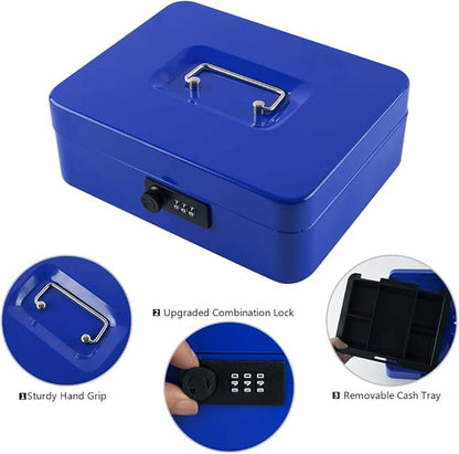 KYODOLED Large Cash Box with Combination Lock,Safe Metal Box for Money, Storage Lock Box with Money Tray,9.84"x 7.87"x 3.54" Blue Large