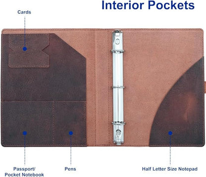 Fan&Ran Lined Leather Journal, 100 Sheets of College Ruled Paper 5.5"x8.5", 1" Rings Mini Binder, Interior Pockets, Refillable