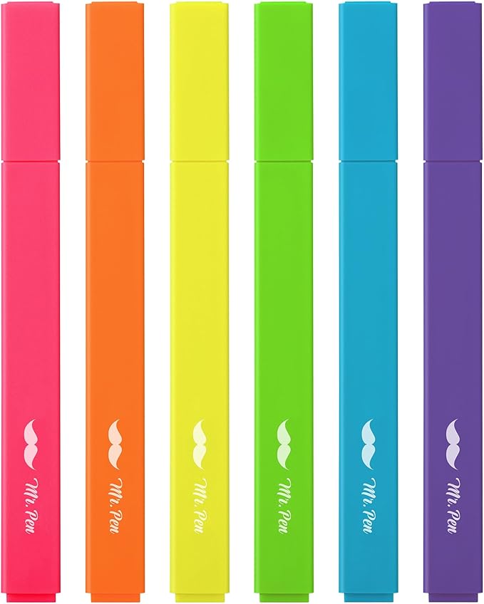 Mr. Pen- Aesthetic Highlighters, 6pcs, Chisel Tip, Vibrant Colors, Assorted Colors, No Bleed Cute Highlighters and Pens for Bible Pages, Fluorescent Highlighter