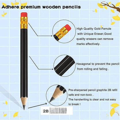 Adhere 25pcs Half Pencils Golf Pencils with Eraser Pre-sharpened Hexagon Woodcase Pencils Graphite 2B including a Sharpener for Golf Event Scoring,Classroom,Wedding,Pew, Pocket (Black)