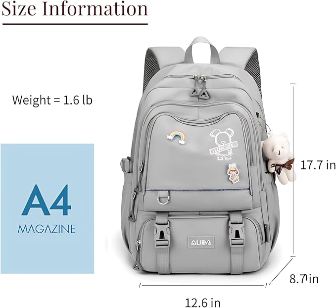 Cute School Laptop Backpack with Large Capacity Multiple Pockets for Girls Travel Friendly with Luggage Strap Accessory Included (Grey)