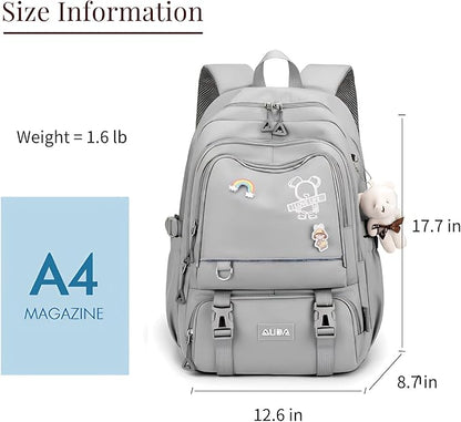 Cute School Laptop Backpack with Large Capacity Multiple Pockets for Girls Travel Friendly with Luggage Strap Accessory Included (Grey)