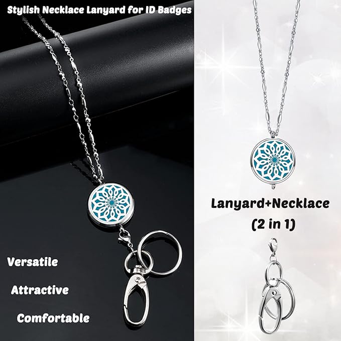 Lanyards for ID Badges Women ID Badge Holder with Lanyard Keychain Long Bling Stainless Steel Silver Chain Nurse Nursing Office Work Jewelry Diffuser Necklace Teacher Lanyard Gifts Flower