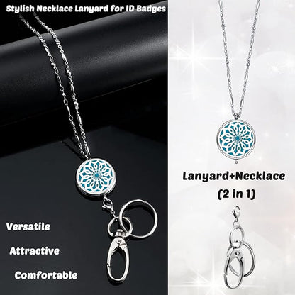 Lanyards for ID Badges Women ID Badge Holder with Lanyard Keychain Long Bling Stainless Steel Silver Chain Nurse Nursing Office Work Jewelry Diffuser Necklace Teacher Lanyard Gifts Flower