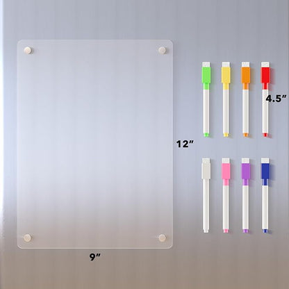 Acrylic Magnetic Dry Erase Board for Fridge, Clear Whiteboard for Refrigerator, Notepad Memo to Do/Grocery List White Board, w/ 8 Colors Markers, 12"x9"