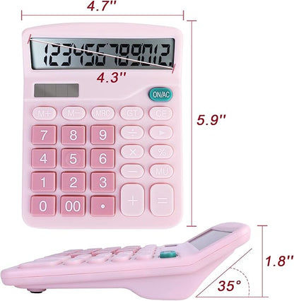 Basic Calculator with Comfortable Large LCD Display, 12 Digits Calculators Desktop, Tilt Screen, Big Button, Desk Calculator with Dual Power (Solar & Battery Included) (Pink)