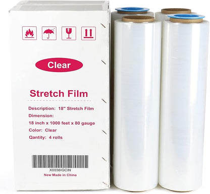 BOMEI PACK Clear Stretch Wrap Roll with Plastic Handle 18" x 1000 Feet 80 Gauge 4 Pack, Shrink Wrap Heavy Duty, Self-Adhering Plastic Wrap for Shipping, Moving