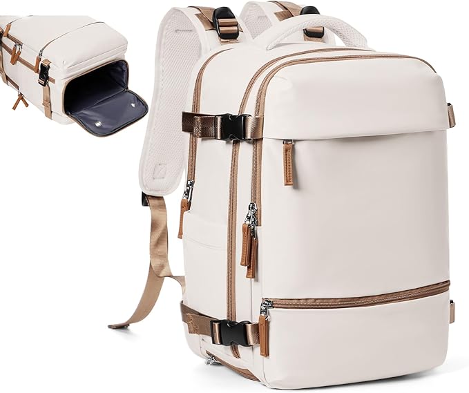 Travel Backpack Simple Durable Carry On Backpack with Shoe Compartment, Personal Item Travel Bag Flight Approved, Water Resistant Laptop Backpack for Women Men Weekender Business, Beige