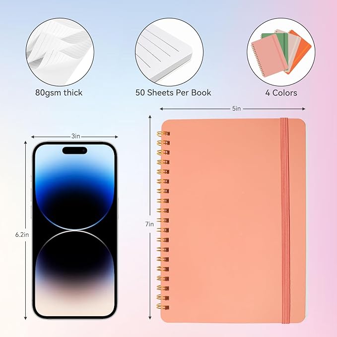 4 PCS Small Spiral Notebook 5x7, Spiral Journal Notebook, Notebooks for Work, Note Taking, School, Small Notebooks 5x7 with Strap, Cute Notebooks for Women 50 Sheets