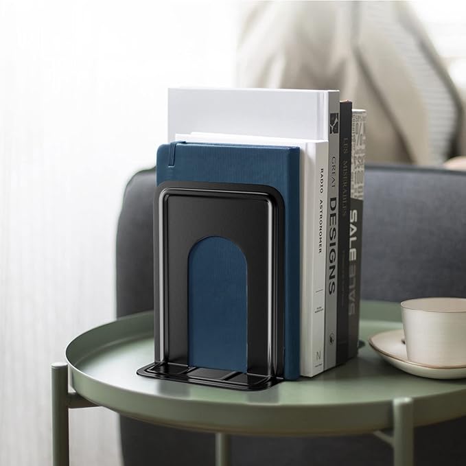 MaxGear Premium Matte Painted Book Ends, Heavy Duty ＆ Sturdy Bookends for Shelves, Office Non-Skid Metal Book End, Book Stopper for Books/CDs/DVDs, 6 x 4.6 x 6 in, Black (2 Pairs/4 Pieces, Large)