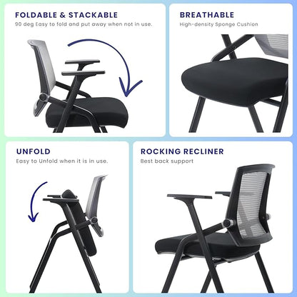 10 Pack Foldable Office Chair with PU Wheels and Sliding Armrest-Ergonomic Mesh Bouncing Back, Stackable Conference Room Chair, Office Guest & Reception & Meeting Chair (Black)