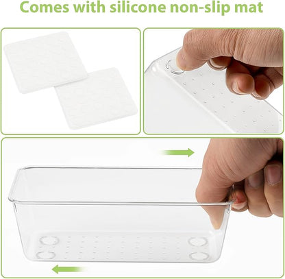 12 Piece Clear Drawer Organizer Set, 3 Sizes Bathroom Vanity Organizer Trays and Storage Bins for Makeup, Cosmetics, Jewelry, and Gadgets. Perfect for Office, Kitchen, Bedroom, Bathroom Use.