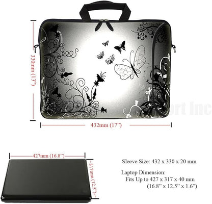 Meffort Inc 17 17.3 inch Neoprene Laptop Bag Sleeve with Extra Side Pocket, Soft Carrying Handle & Removable Shoulder Strap for 16" to 17.3" Size Notebook Computer - Black Gray Butterfly Design