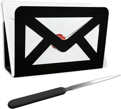 Black Metal Mail Holder, Countertop Letter Organizer with Letter Opener, Office Desktop Envelope Rack, Tabletop Document Stand (Sign)